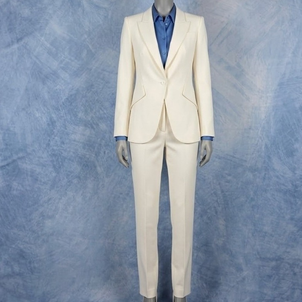 White House Black Market Editor Blazer Pants Suit Set Cream Ecru Stretch Size 00